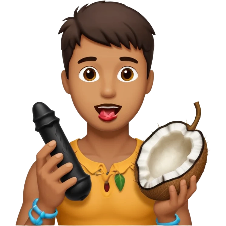 Handsome man licking a black dripping dildo with a coconut behind him   emoji