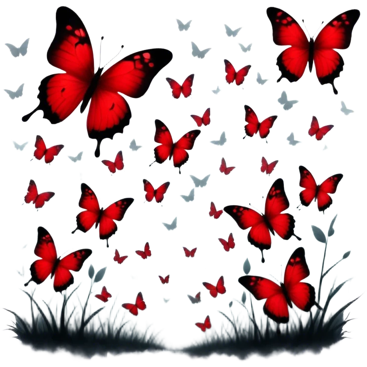 A surreal composition with deep red butterflies fluttering in the foreground, their wings illuminated by an unseen light, while faded black crosses stand solemnly in the misty background. The air feels heavy with mystery, blending passion and melancholy in a striking visual. emoji