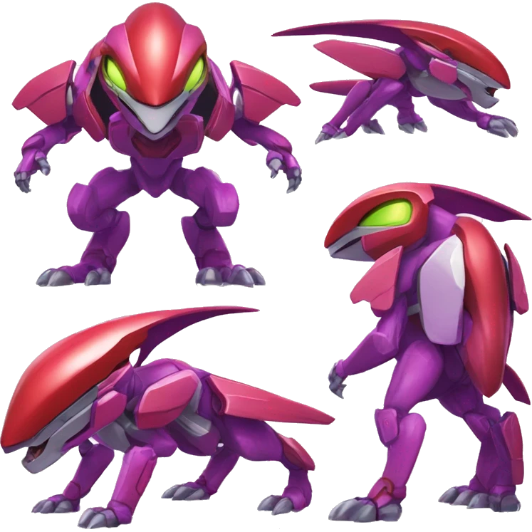 a shiny purple-red Genesect-Raptor-Fakémon—hybrid with a futuristic visor-helmet full body emoji