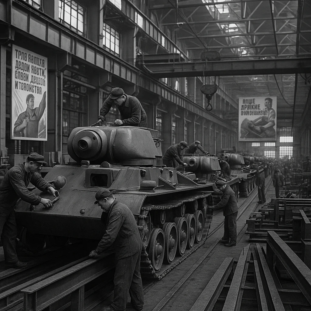 Soviet heavy equipment plant, assembly line, workers, steel beams, propaganda posters, industrial interior emoji