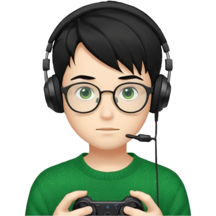 
gamer, Gorgeous green sweater black hair anime style shojo guy glasses, headphone, gamepad emoji