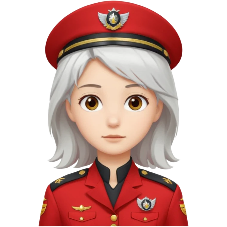 a girl with white loose hair, gray eyes maintains a calm expression on her face in a red captain's uniform to the waist emoji