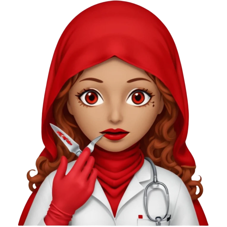 Lilith scalpel in hand, evil surgeon sexy surgeon clothes.  She has red eyes. She brown long curly hair. Wears sexy doctor outfit with red gloves. Covers mouth neck and nose with red burka to hide her identity emoji