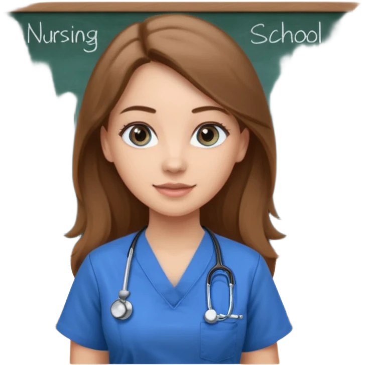 university classroom that says nursing school on the blackboard with a pretty female nursing student with long brown hair, blue eyes emoji