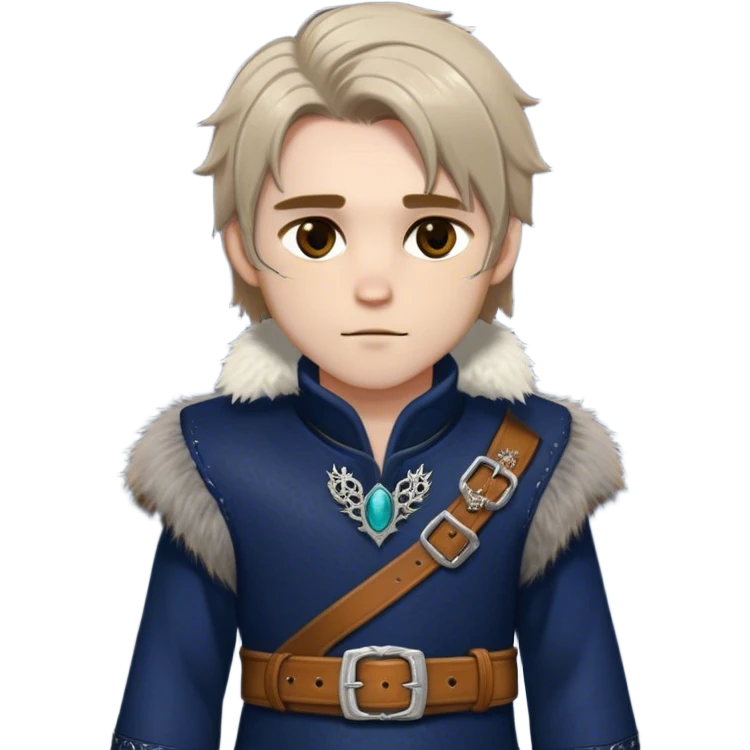 Medieval winter outfit worn by a DnD themed fantasy male character. Midnight blue felted wool tunic with silver fox fur collar, embellished with ornate metal clasps and a thick leather belt with decorative stitching. Clothes only above the waist, full waist coverage. The character has no arms. Character is white-skinned with honey brown hair, amber eyes, and shoulder-length straight hair with winter-weathered ends. emoji