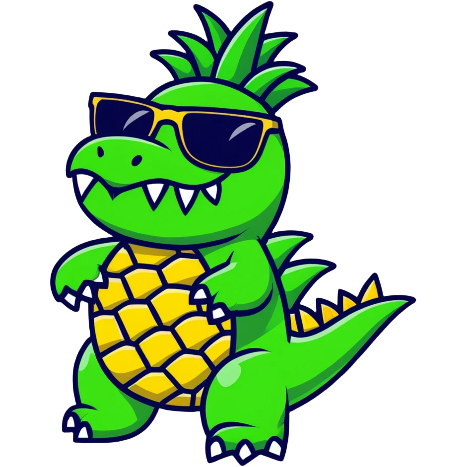 A pineapple with crocodile features - green crocodile legs and tail, crocodile teeth on the pineapple, wearing sunglasses emoji