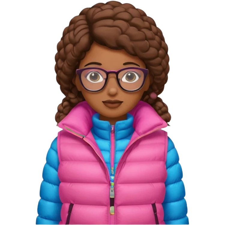 brown skin woman with glasses pink puffer vest emoji