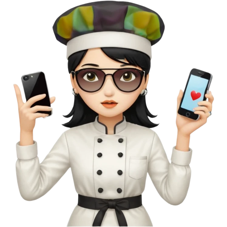 ["A sad woman with light skin, straight hair, wearing a chef hat and sunglasses, dressed in K-pop fashion, is dancing while holding a phone."] emoji