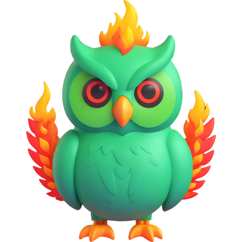 Duolingo green owl mascot with fire flames emoji
