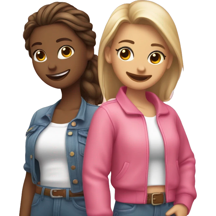 Una amiga blanca y una morena sonriendo juntas con ropa rosada emoji