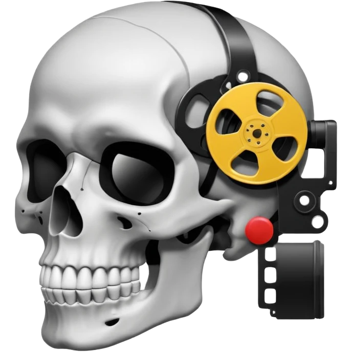 Minimalist emoji-style sticker of a human skull in profile, with a film reel replacing the brain. Grayscale icon with bold silhouette.
 emoji
