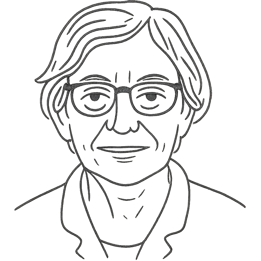 a hand drawn black outline portrait of philosopher Catherine Larrère with similar-sized eyes based a famous portrait of her emoji