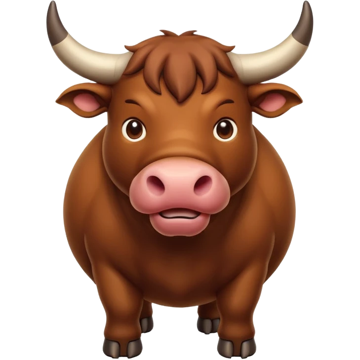 An adorable full-body 3d brown bull with large and exaggerated features in the shape of a ball. Make the background white emoji