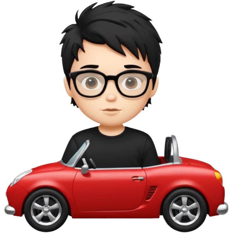 generate a pretty bratz fair skinned boy with black messy hair wearing a black tshirt driving a red car. Glasses on.  emoji