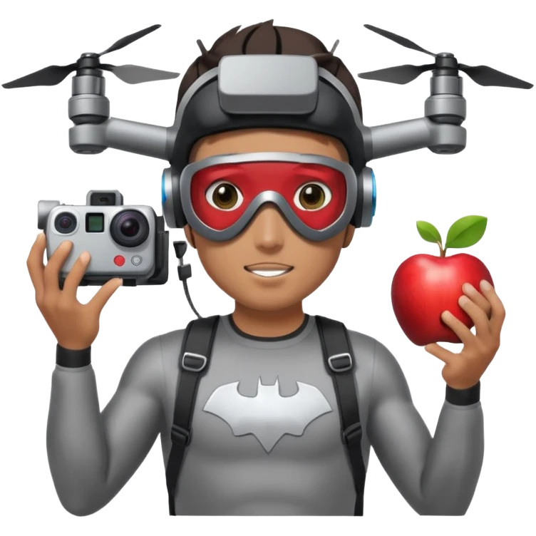 Super hero photographe, gopro sur la tête, masque ce fpv  (style Apple vision) sur les yeux. Un drone à côté de lui. Il tiens un appareil photo reflex. emoji