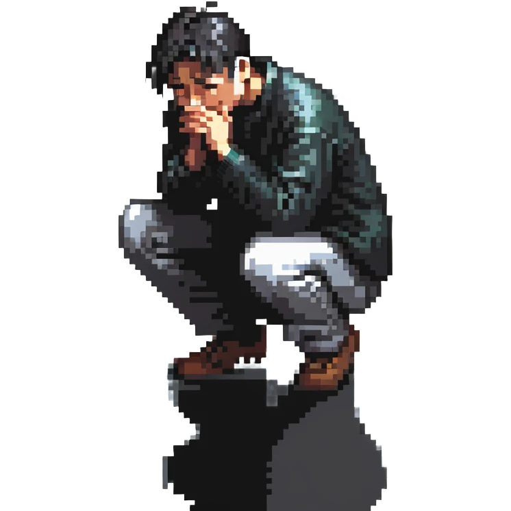 sad Asian man kneeling and crying in a rainy street, no background clutter emoji