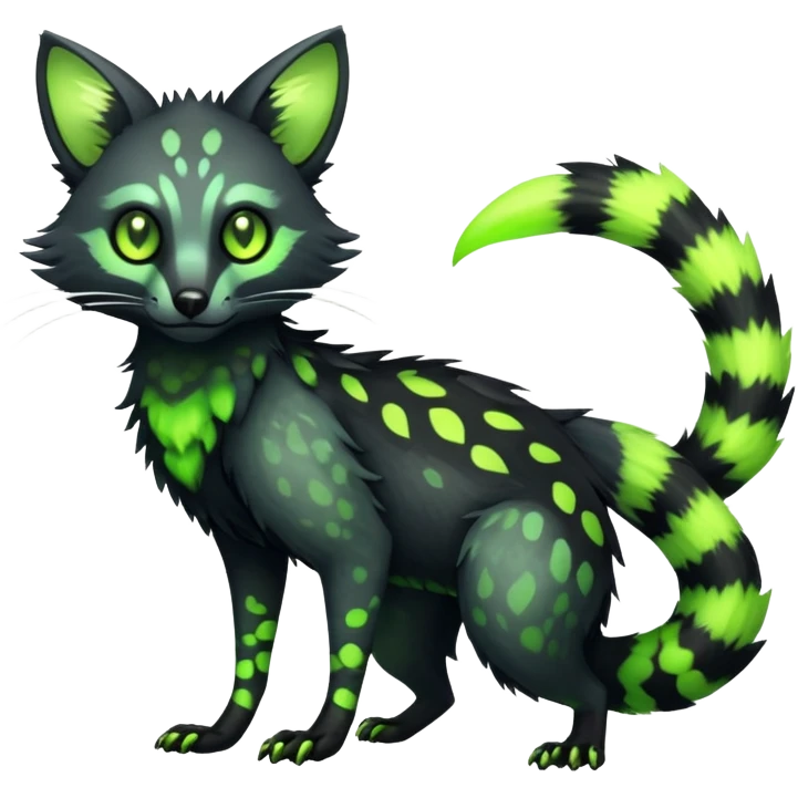 Rare realistic black edgy toxic radioactive-themed black fur with neon-lime-green-glowing  epic handsome gorgeous aesthetic vibrant Vernid-Trico-Genet-species-hybrid-Fakemon-creature by LiLaiRa, 4 legs, 1 tail, random markings, (full body) emoji