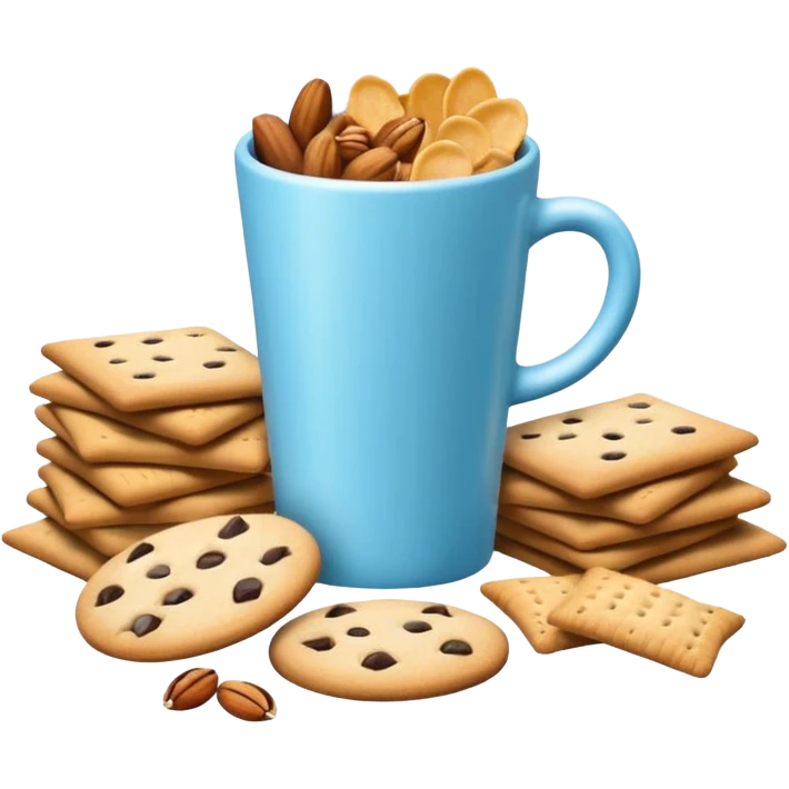 3D minimal icon with a variety of snacks (chips, cookies, crackers, nuts) arranged abundantly, plus a small neutral cup (not a soda cup). Include a subtle accent in #FF3D00. Clean and modern style. emoji