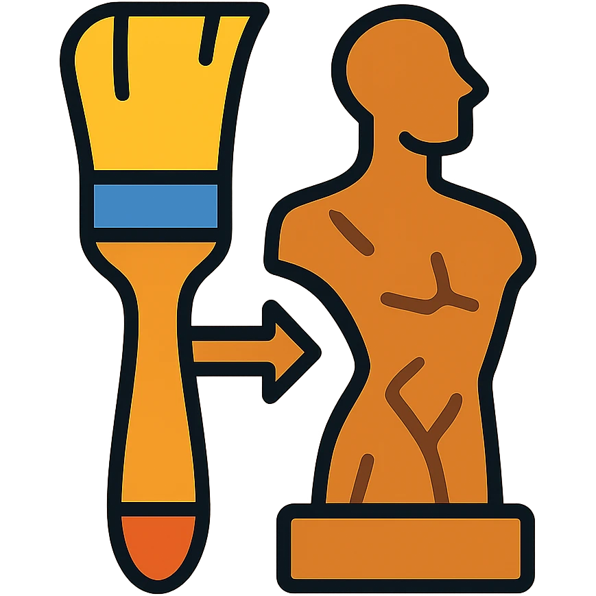 A paintbrush transforming into a bronze metallic human figure sculpture, artistic identity symbol, with sculptural texture emoji