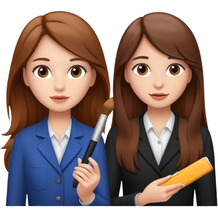 TWO BROWN HAIRED GIRLS DOING PROJECT ON JOB, PROFESSIONAL AND CUTE , LONG HAIR MAKEUP emoji