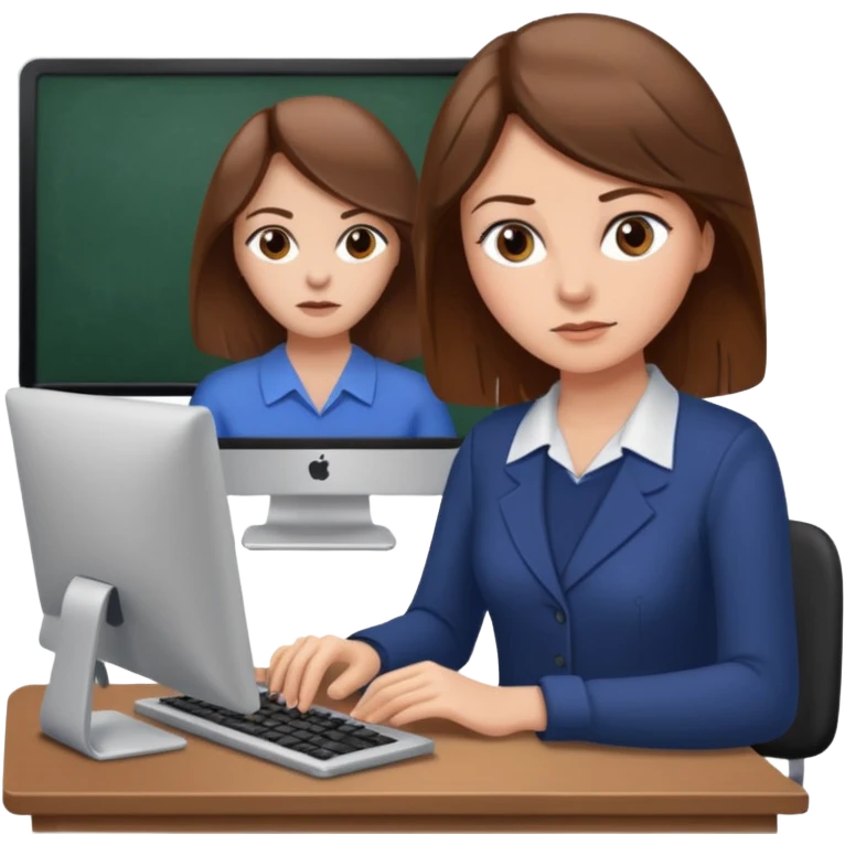 Uma mulher de cabelo cstanho que é professora um pouco brava não usa óculos e está a trabalhar ao computador emoji