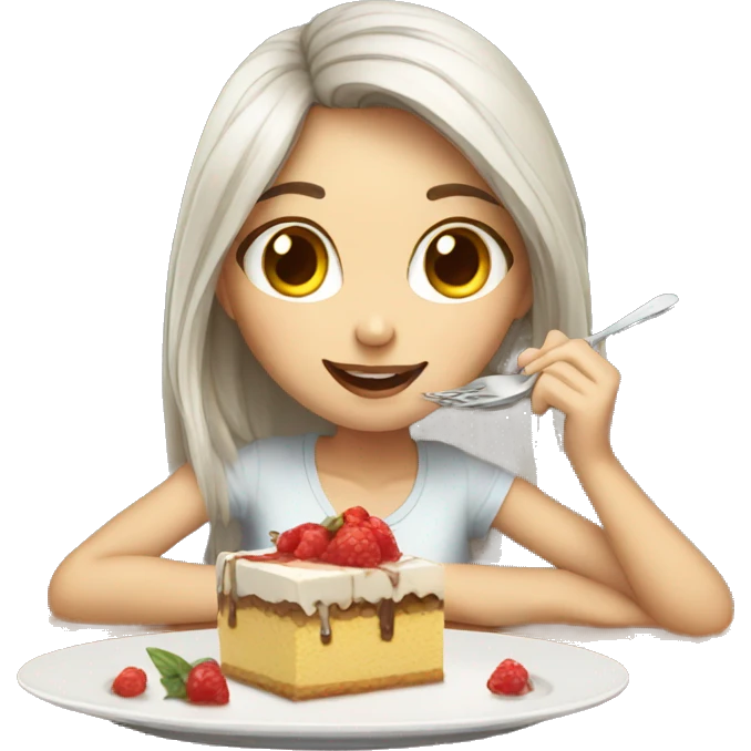 White skin girl eating desert on a table emoji