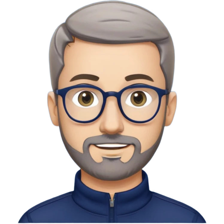 Caucasian man with oval face, hair cut extremely short and tight to head (military style), short beard with gray streaks, large black eyeglasses, cheerful expression, wide body type, navy blue long sleeve sweatshirt with quarter zip emoji