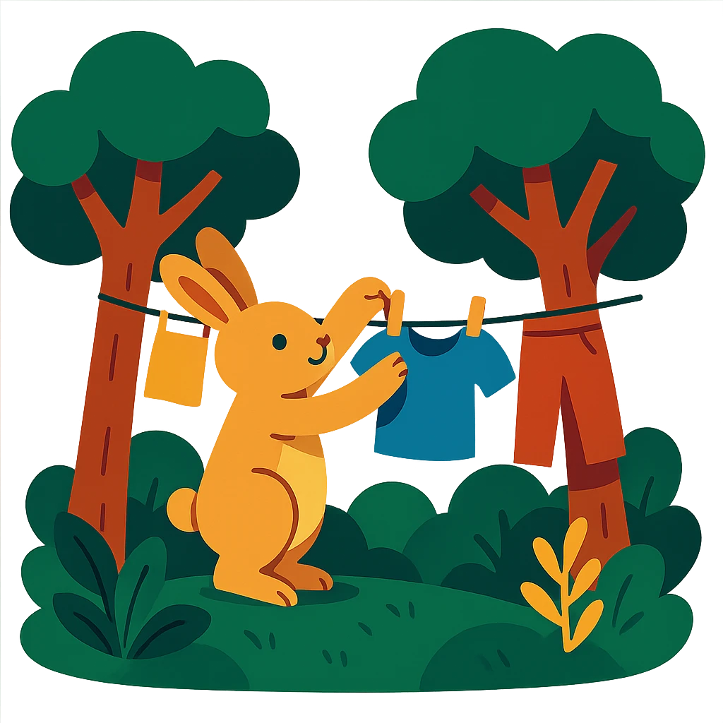 bunny hanging laundry between trees, calming domestic forest feel emoji