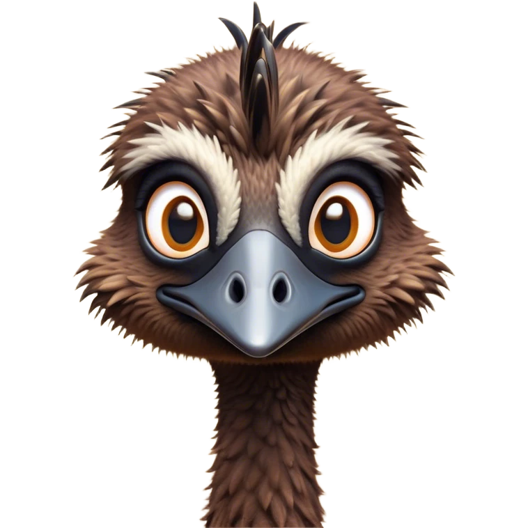 Cinematic Cute Emu Portrait Emoji, Head tilted playfully and inquisitively, featuring a glossy, textured brown plumage with a perky head and round, sparkling eyes full of curious wonder, Simplified yet irresistibly adorable features, highly detailed, glowing with a warm, friendly glow, high shine, affectionate and lively, stylized with a touch of outback whimsy, bright and endearing, soft glowing outline, capturing the essence of a mischievous yet loving emu, so playful it feels like it could gallop out of the screen into your arms! emoji