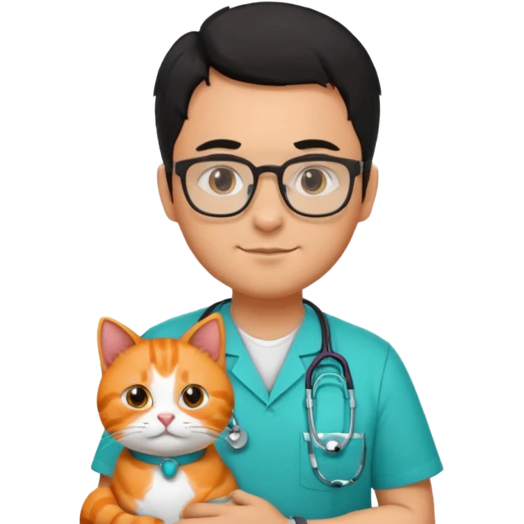 Veterinario hombre trigueño con lentes, con cabello negro, y con uniforme veterinario color verde turquesa y estetoscopio  cargando un gato naranja emoji