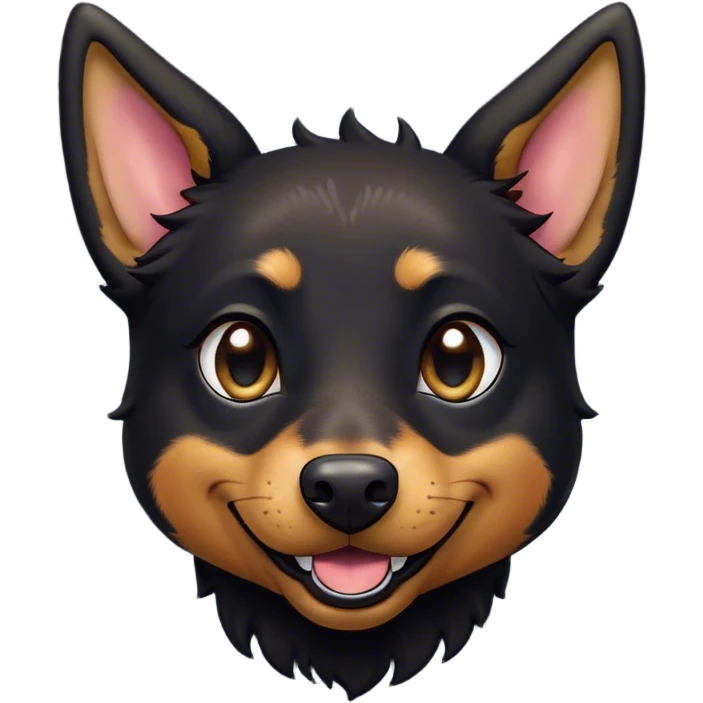 Cinematic Comical Black and Tan Kelpie Portrait Emoji, Head tilted dramatically with an exaggeratedly amused expression, featuring a striking black Fur with bold tan patches, wide, expressive dark eyes filled with playful disbelief, Simplified yet hilariously expressive features, highly detailed, glowing with a slightly sassy glow, high shine, dramatic yet playful, stylized with an air of cheeky mischief, bright and endearing, soft glowing outline, capturing the essence of a spirited and over-the-top herder, so meme-worthy it feels like it could side-eye its way into internet fame instantly! emoji