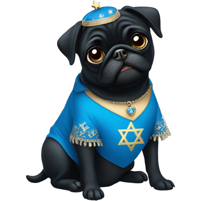 Black pug in a blue dress with a Jewish star on the dress emoji