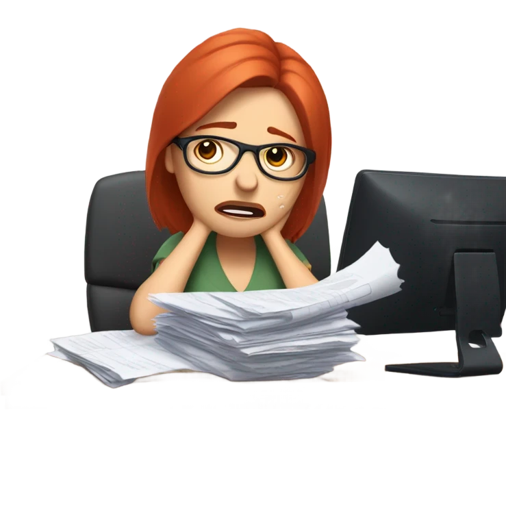 red hair woman wearing glasses crying frustrated desk monitor stack paper emoji