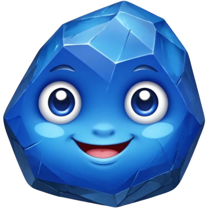 A single chubby gemstone rock character, bright sapphire blue, very rock-like with chunky irregular facets and a slightly rough stone texture, big glossy eyes and a happy smile emoji