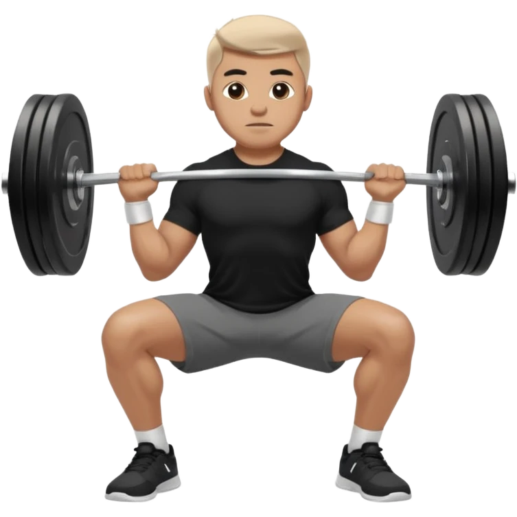 Hombre vestido con playera negra, pants gris y tenis blancos tipo jordan haciendo sentadilla libre con barra con un disco de 20 kilos por lado  emoji