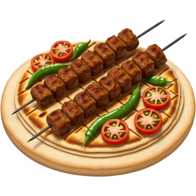Adana kebab object icon, spicy grilled minced meat skewer, served on flatbread, grilled tomatoes and green peppers on the side, smoky char marks, juicy texture, 3D cartoon, mobile game icon style, centered, clean background, no text, no watermark
 emoji