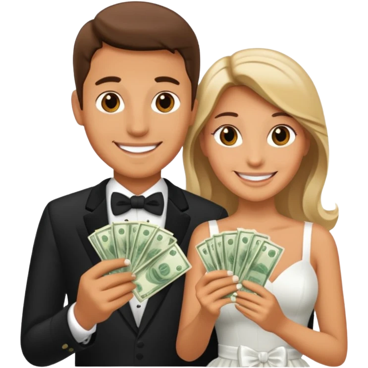 a newlywed couple holding money emoji
