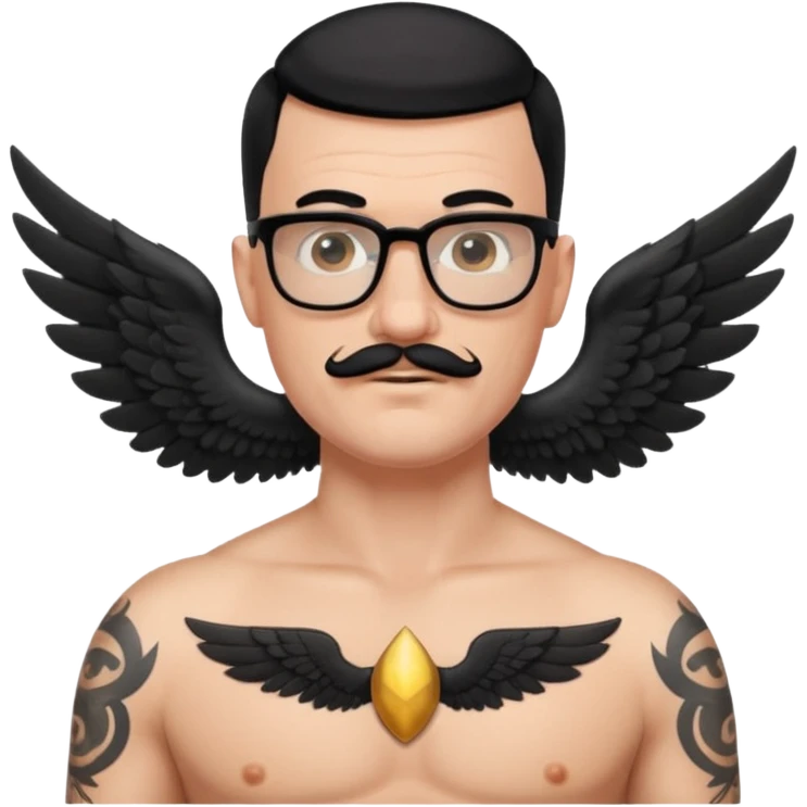 pumped up white male, glasses, buzz cut black hair, handlebar mustache black, two wings tattooed on his chest emoji