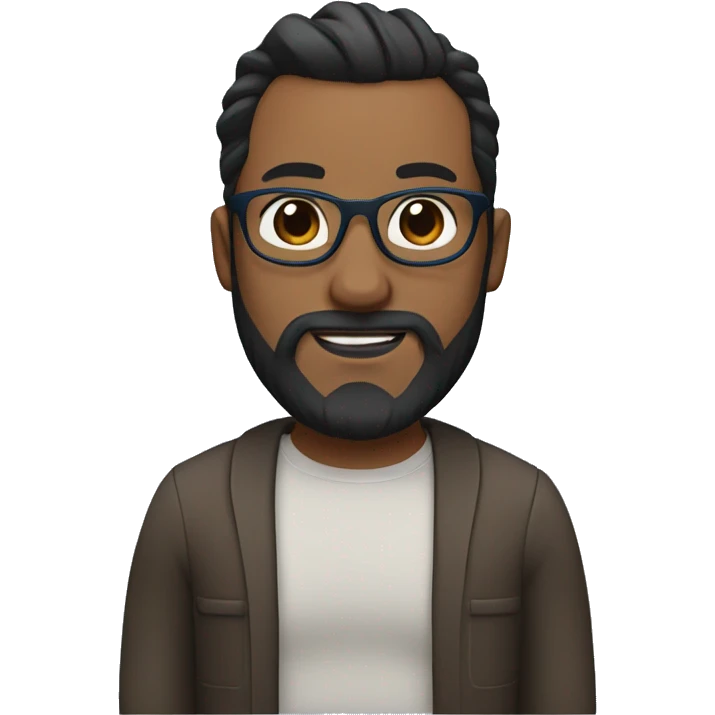 high Man bun with dark brown hair. Full beard, blue glasses, brown eyes. Blue glasses. Head is narrower above the cheeks emoji