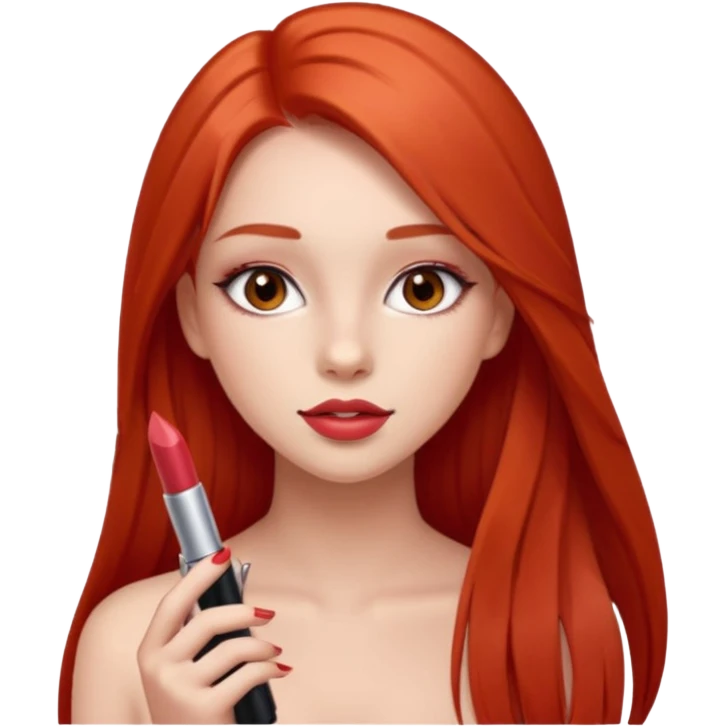 una chica con pose divertida de 18 años con los labios con pintalabios nude y los ojos maquillados, de piel blanca con el pelo liso, largo y pelirrojo, ojos marrones emoji