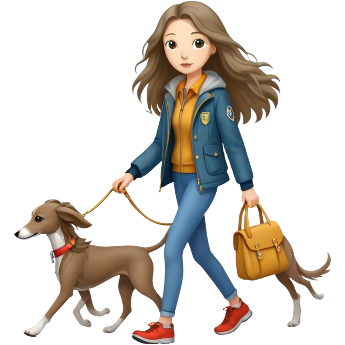 Long-haired girl walking a little greyhound emoji