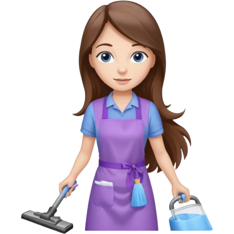 beautiful girl with long brown hair, blue eyes and wearing light purple clothes, cleaning and vacuuming emoji