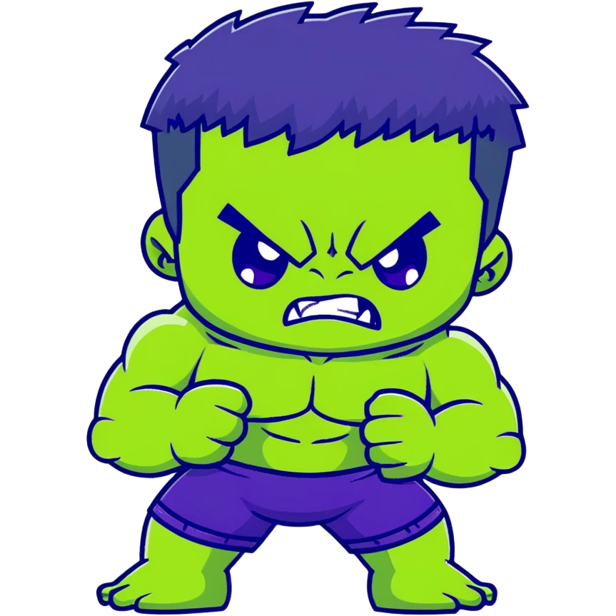 Chibi Hulk, cute small proportions, big head, tiny body, adorable angry expression, green skin, purple shorts emoji