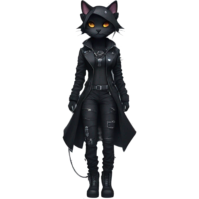 Gorgeous dark techwear cyberpunk style sona anthro cat, aesthetic, and pretty edgy black with collar and harness, trending style emoji