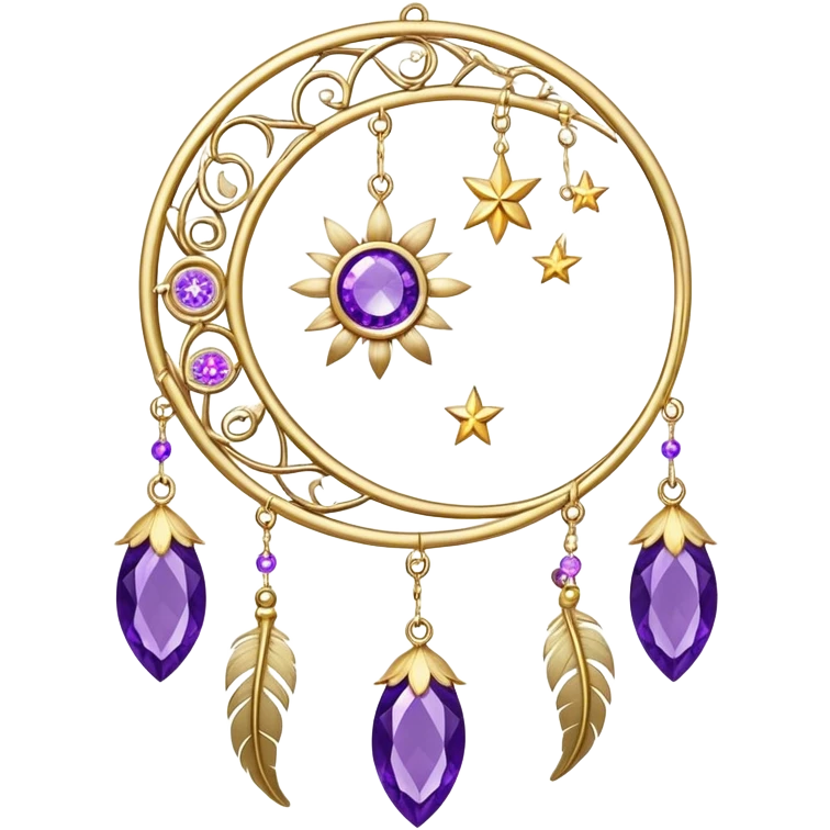 Epic beautiful gorgeous cute gold suncatcher, threads with shiny sparkly amethyst gemstones, flowers, crescents-moons, stars, violet Feather emoji