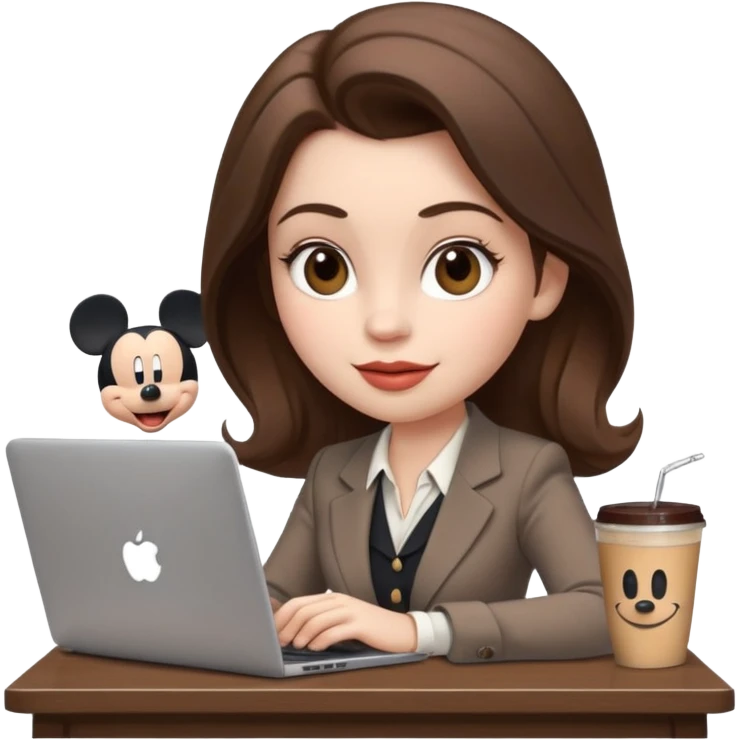 Women in front of one laptop that has a Mickey sticker on it, with a happy face, face fuller, lips plump, full eyebrows, dirty brown hair, light brown big eyes, light pale skin with a iced coffee on the side, business attire, who is typing emoji