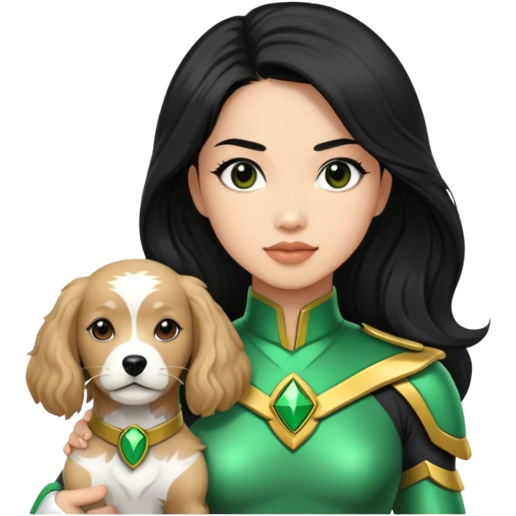 female green power ranger with wasian features, long black hair, and a fully light brown cockapoo dog at her side emoji