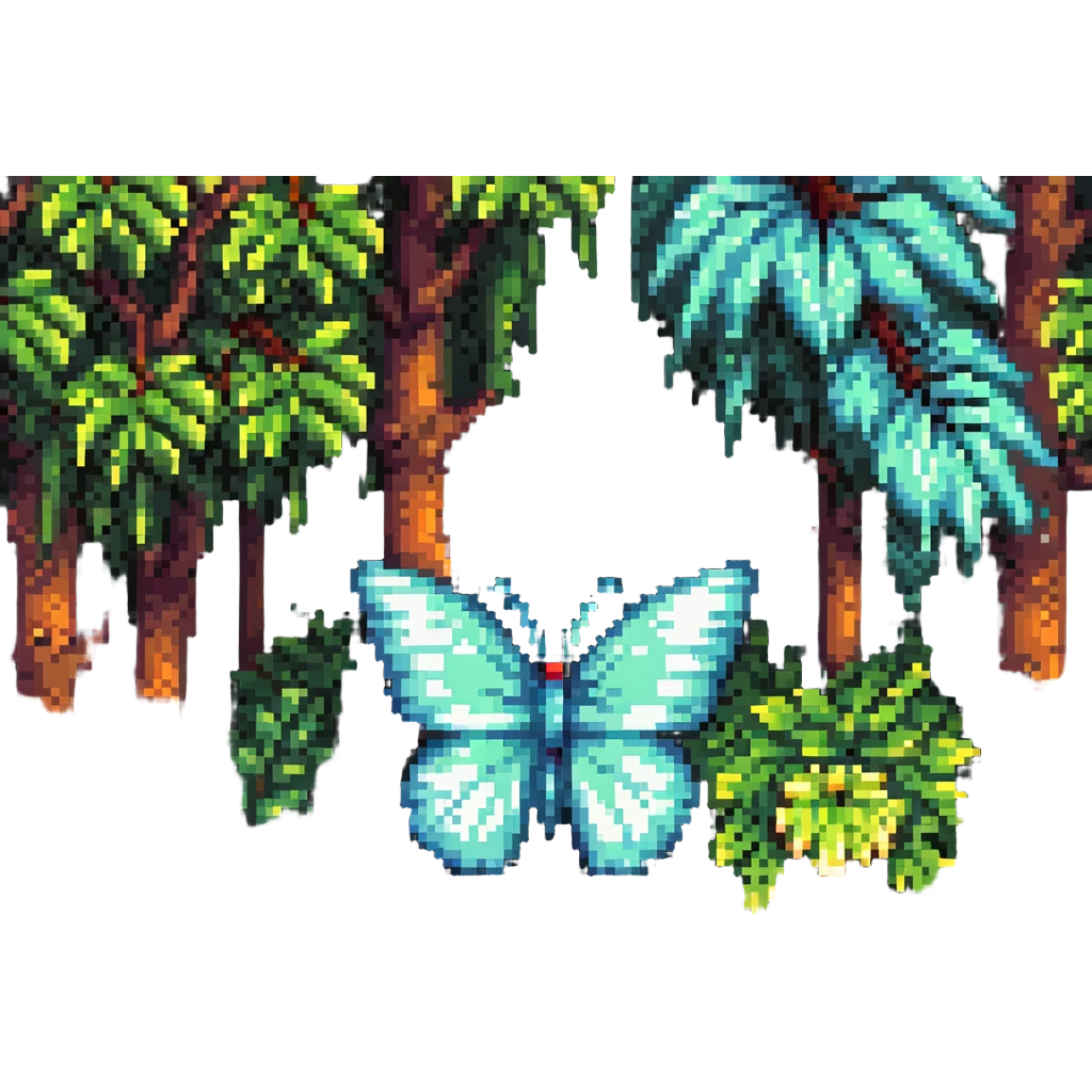 pixel art butterfly among trees and plants, forest background emoji