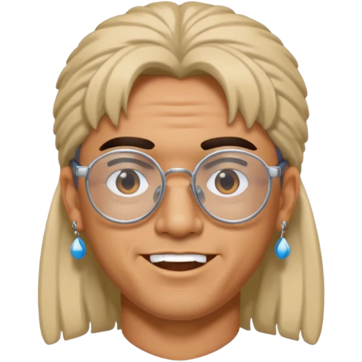 chico moreno con piercing en la ceja, pendientes, mullet y gafas y2k, expresión divertida emoji