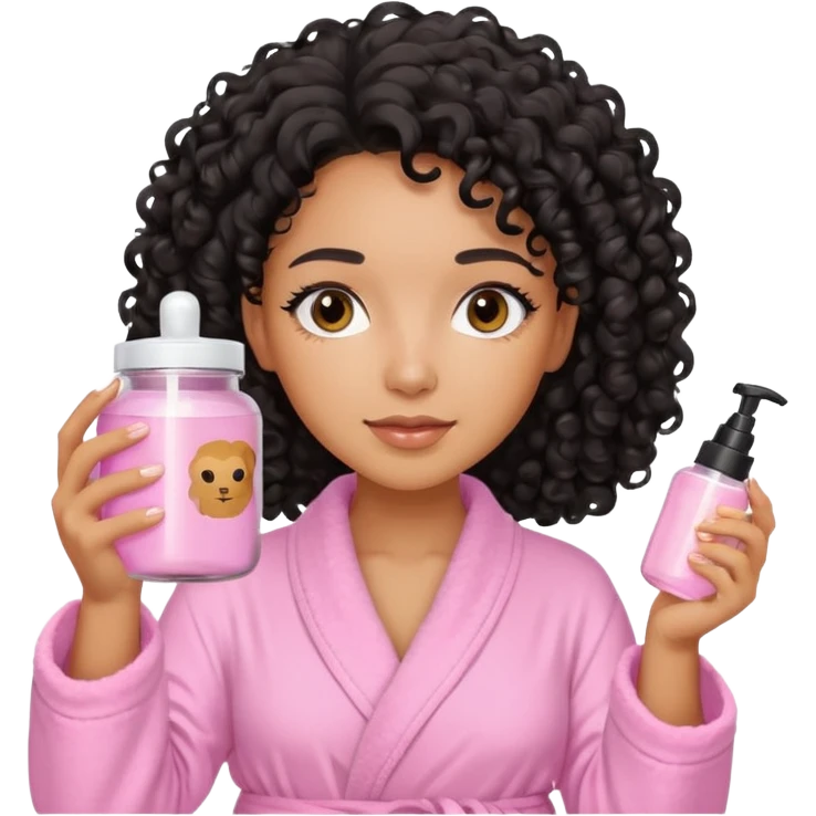 Mixed-race woman with caramel skin, black curly hair, wearing a pastel pink bathrobe, holding a skincare jar emoji